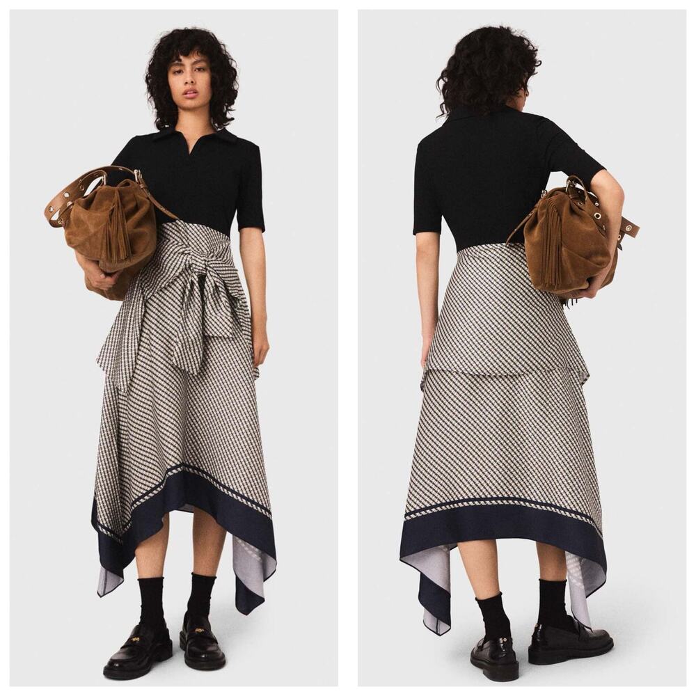 Maje Printed Two Tone Midi Dress Size 38 Asymmetrical Hem Tie Waist Preppy Satin